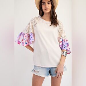 Easel Lace and Floral Sleeve Top - Cream and Pink